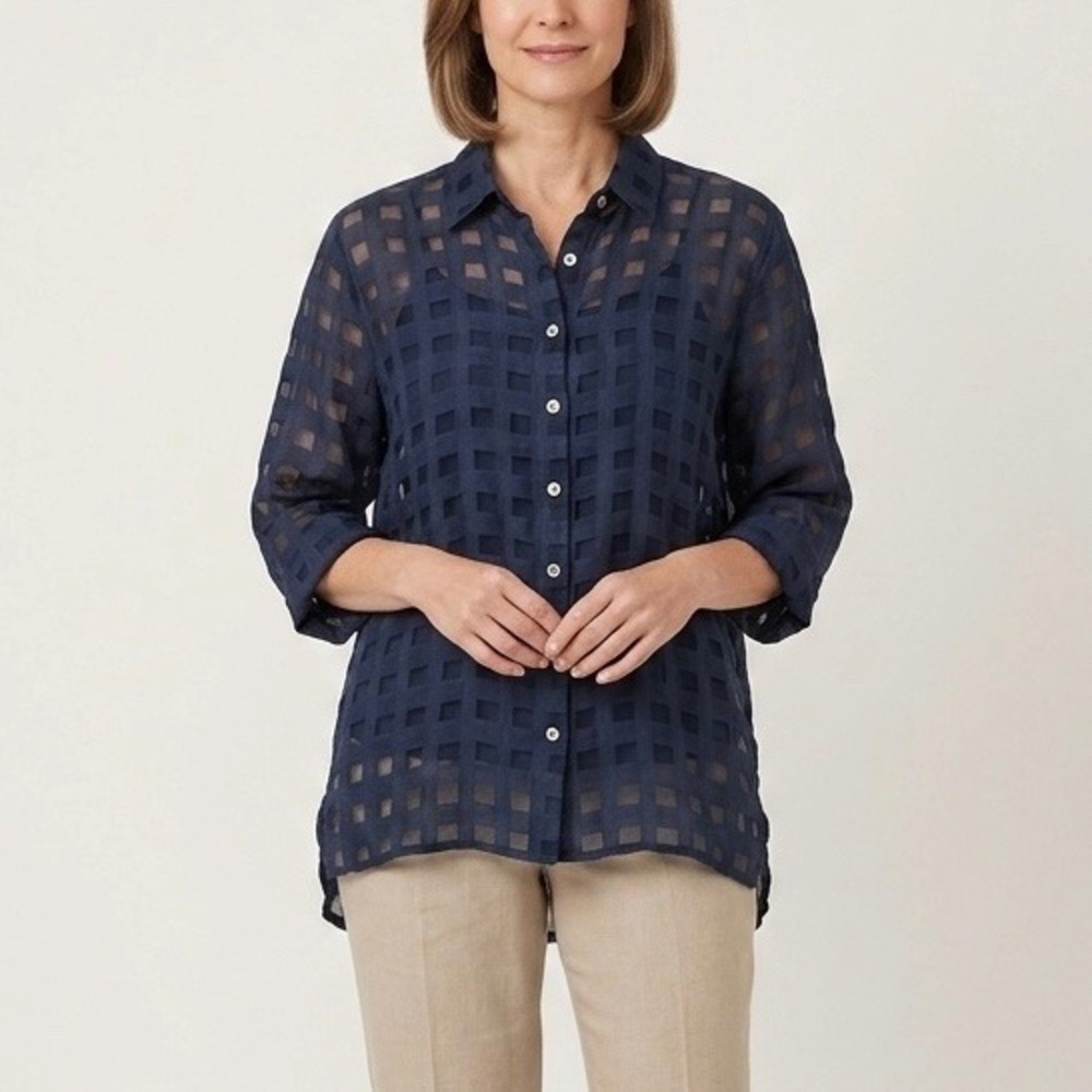 Puro Lino Navy Blue 100% Linen Sheer Check Button Down Shirt Made in Italy Sz M